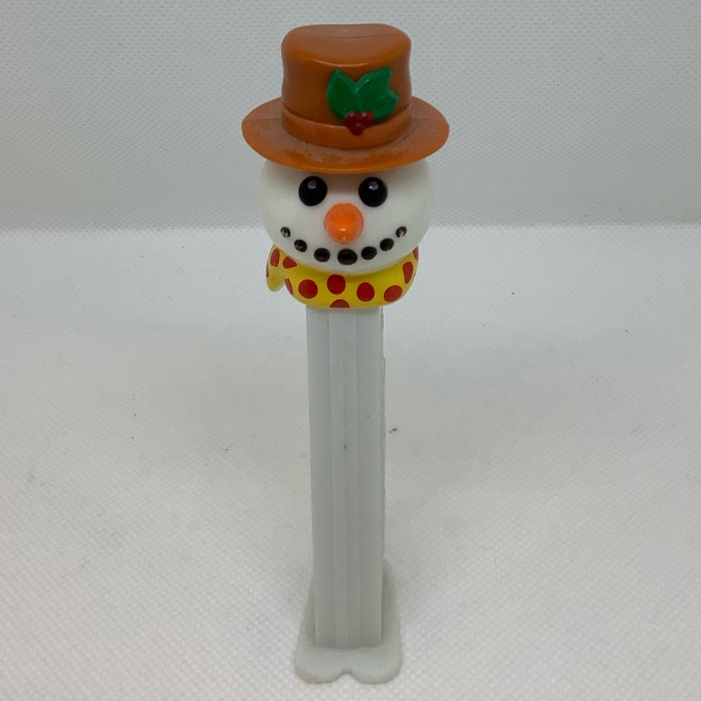PEZ 2002 Vintage Snowman Candy Dispenser with Brown Hat Yellow Scarf Retired Toy